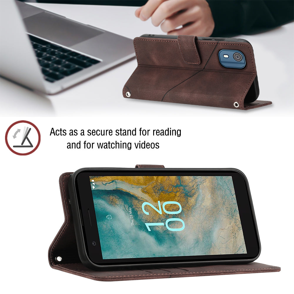 PT005 YB Imprinting Series-6 for Nokia C02 Anti-Dust Phone Cover Leather Wallet Stand Skin-Touch Phone Case