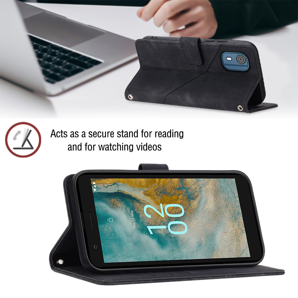 PT005 YB Imprinting Series-6 for Nokia C02 Anti-Dust Phone Cover Leather Wallet Stand Skin-Touch Phone Case