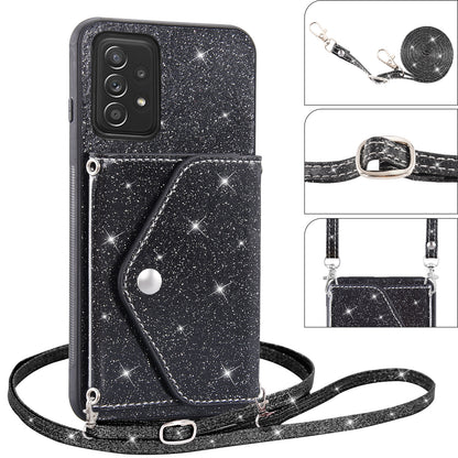 For Samsung Galaxy A73 5G Phone Cover Card Holder Glitter  Kickstand Leather Coated TPU Case