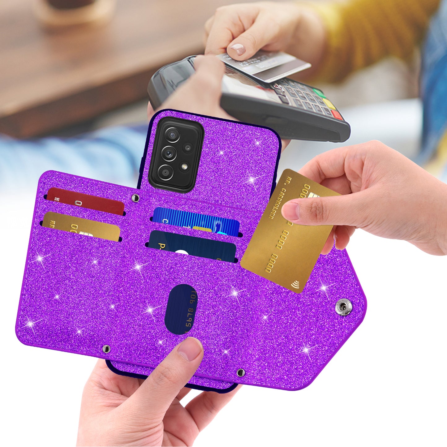 For Samsung Galaxy A73 5G Phone Cover Card Holder Glitter  Kickstand Leather Coated TPU Case