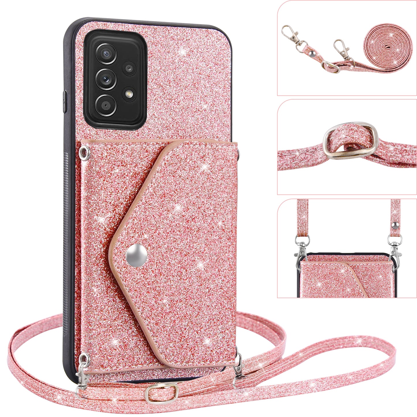 For Samsung Galaxy A73 5G Phone Cover Card Holder Glitter  Kickstand Leather Coated TPU Case