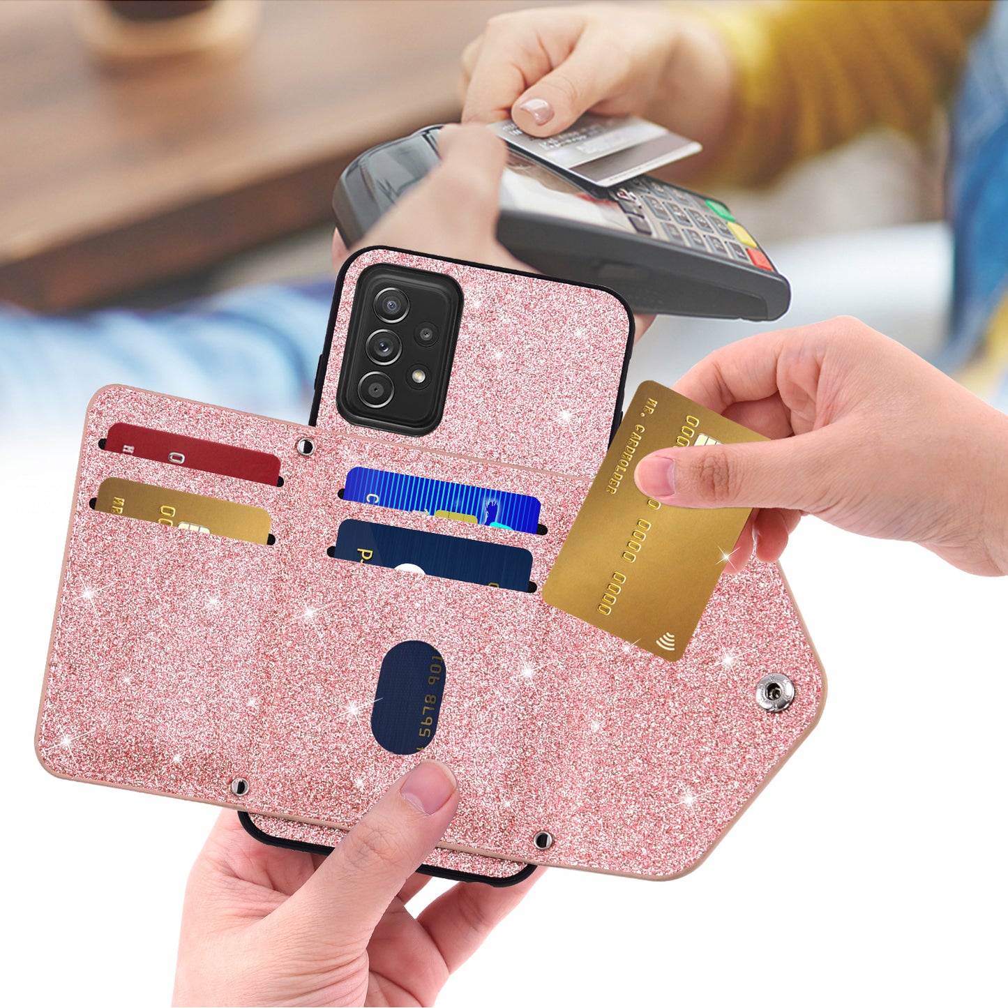 For Samsung Galaxy A73 5G Phone Cover Card Holder Glitter  Kickstand Leather Coated TPU Case