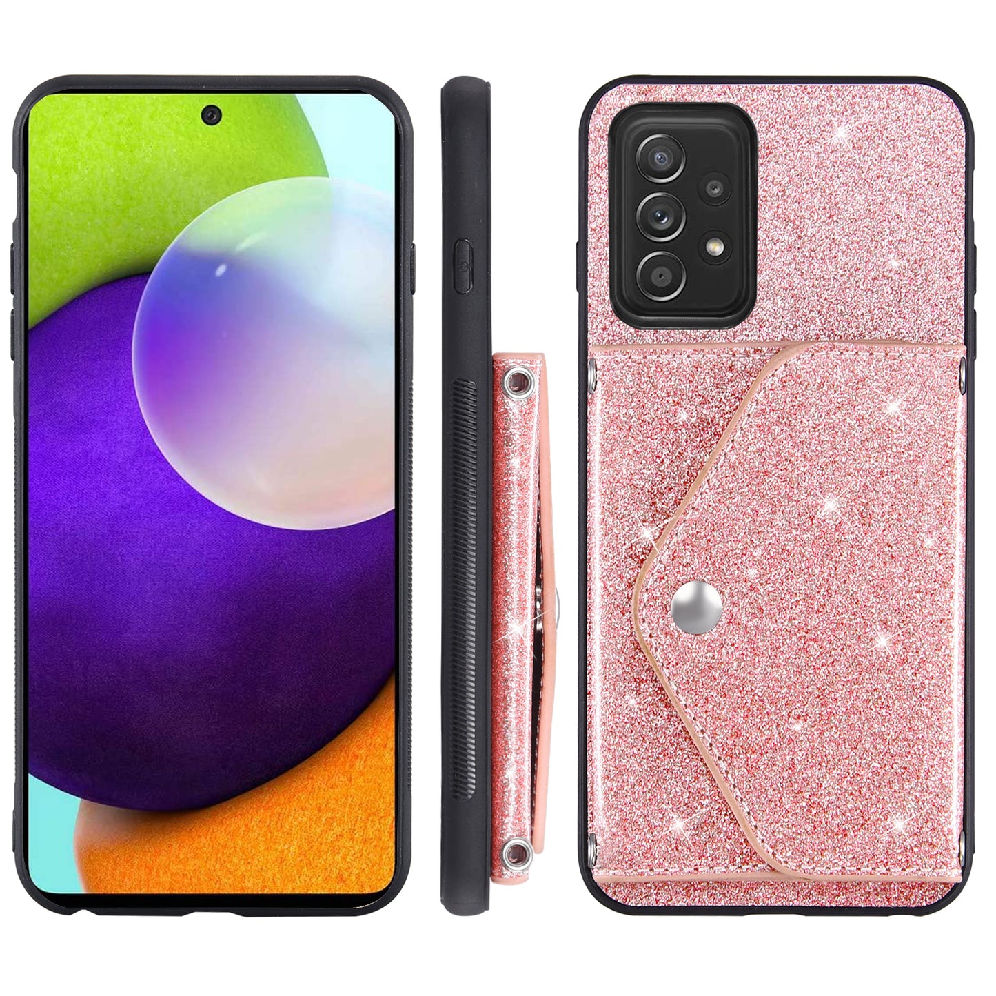For Samsung Galaxy A73 5G Phone Cover Card Holder Glitter  Kickstand Leather Coated TPU Case
