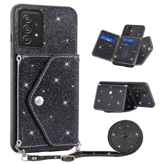 For Samsung Galaxy A72 5G / 4G Kickstand PU Leather+TPU Phone Case Glitter Phone Cover Card Holder Shell