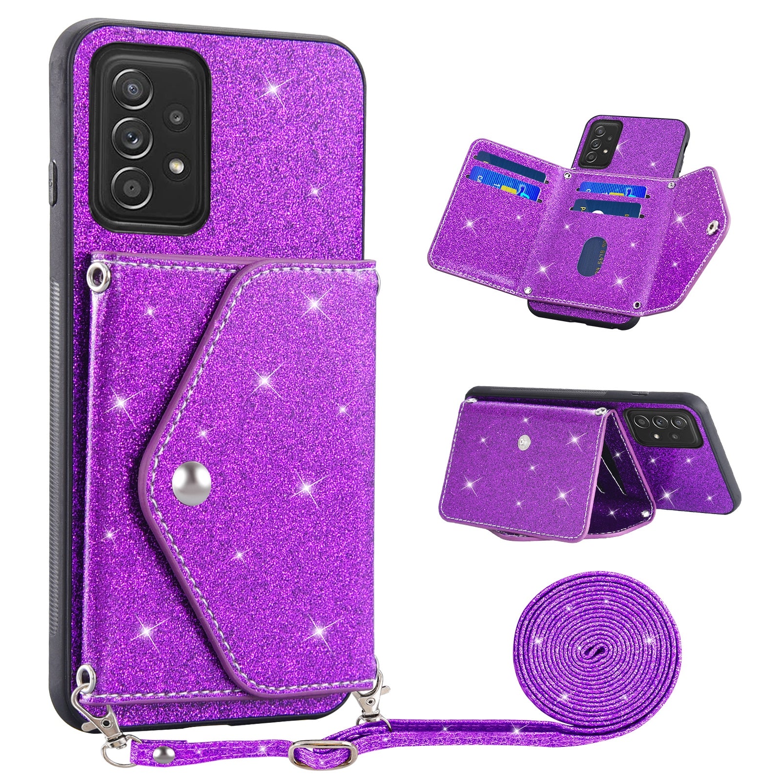 For Samsung Galaxy A72 5G / 4G Kickstand PU Leather+TPU Phone Case Glitter Phone Cover Card Holder Shell