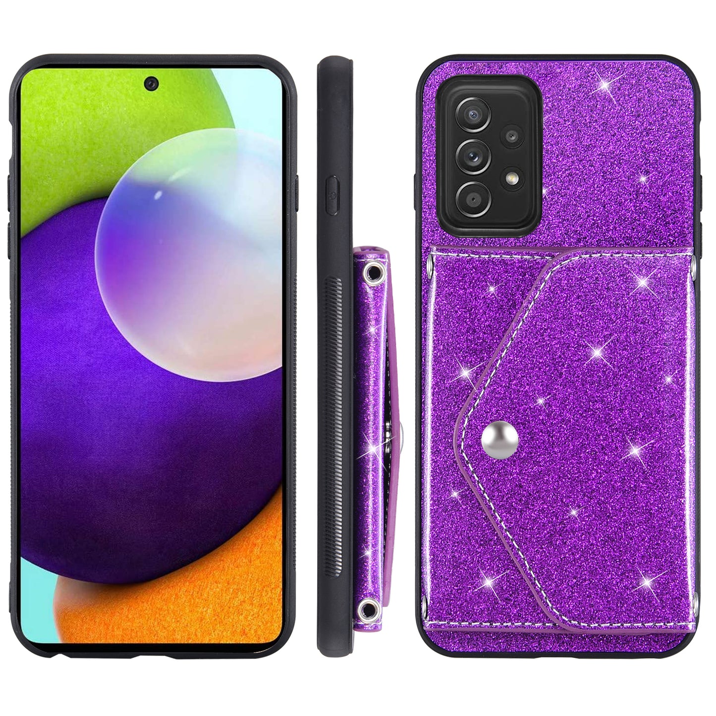 For Samsung Galaxy A72 5G / 4G Kickstand PU Leather+TPU Phone Case Glitter Phone Cover Card Holder Shell