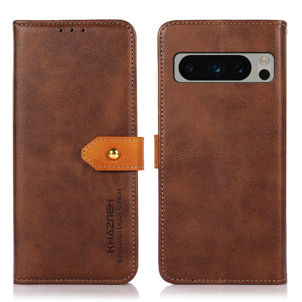 KHAZNEH Phone Leather Cover for Google Pixel 8 Pro Gold Button Magnetic Case with Stand Wallet
