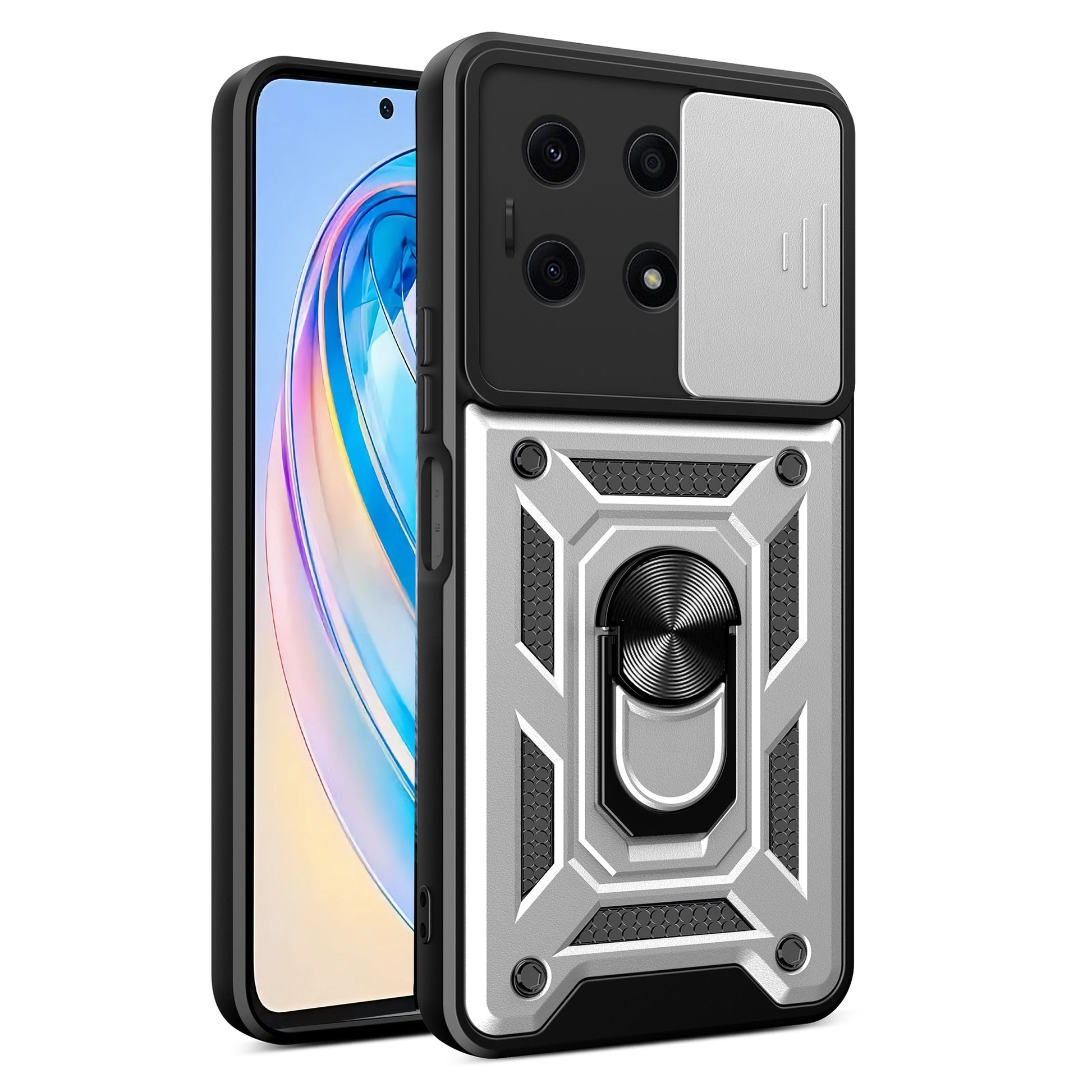For Honor X8a 4G Shockproof Kickstand PC+TPU Phone Case Slide Lens Protection Cover