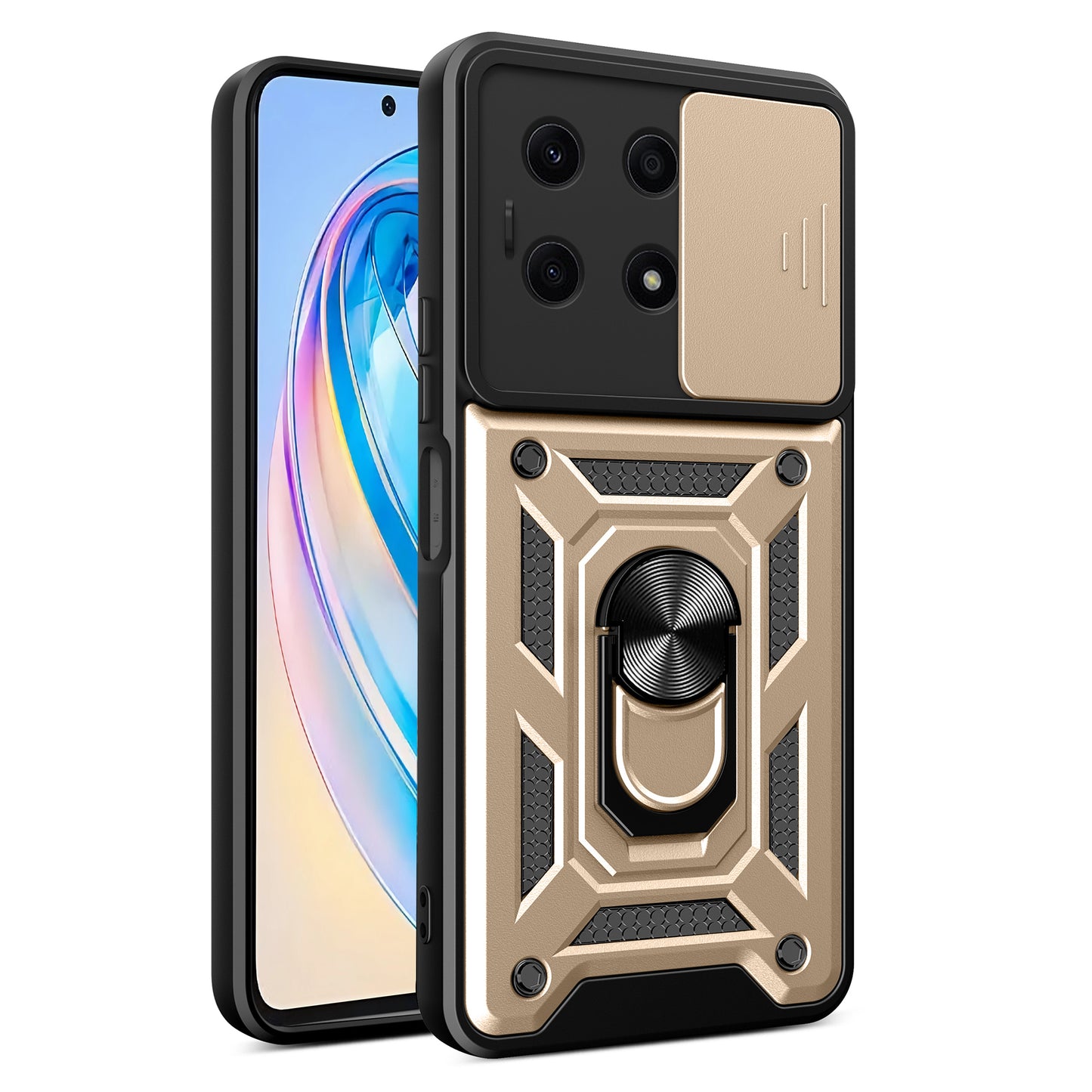 For Honor X8a 4G Shockproof Kickstand PC+TPU Phone Case Slide Lens Protection Cover