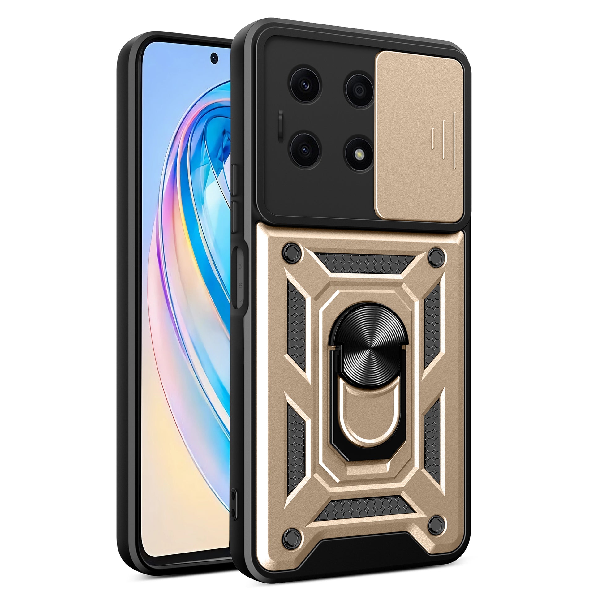For Honor X8a 4G Shockproof Kickstand PC+TPU Phone Case Slide Lens Protection Cover