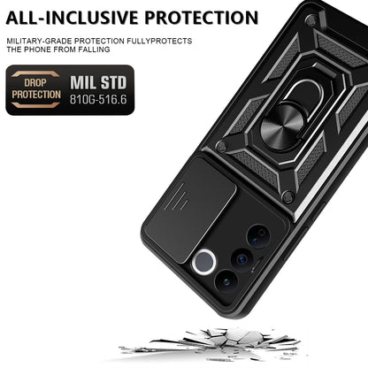 For vivo V27e 4G PC+TPU Phone Case Slide Lens Protection Shockproof Kickstand Phone Cover