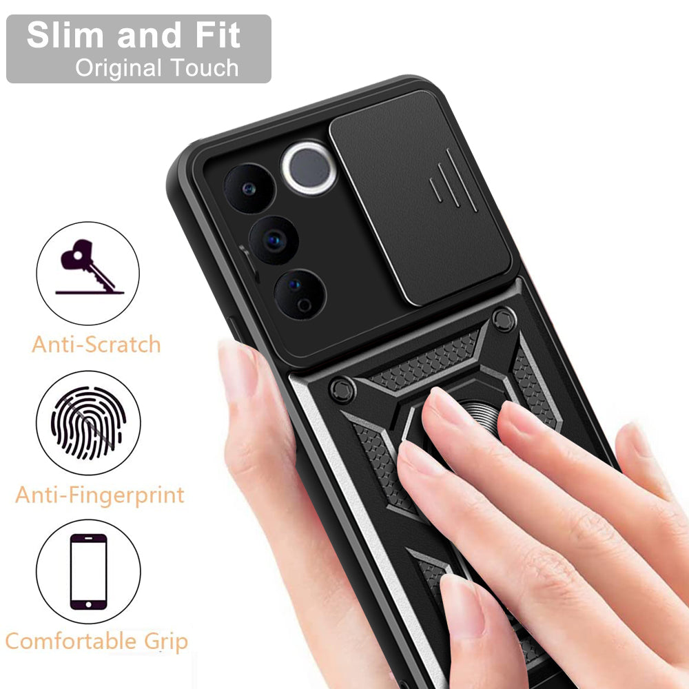 For vivo V27e 4G PC+TPU Phone Case Slide Lens Protection Shockproof Kickstand Phone Cover