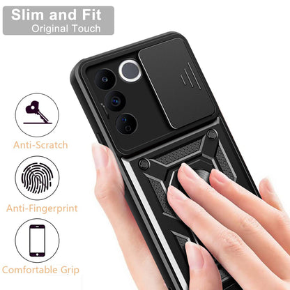 For vivo V27e 4G PC+TPU Phone Case Slide Lens Protection Shockproof Kickstand Phone Cover