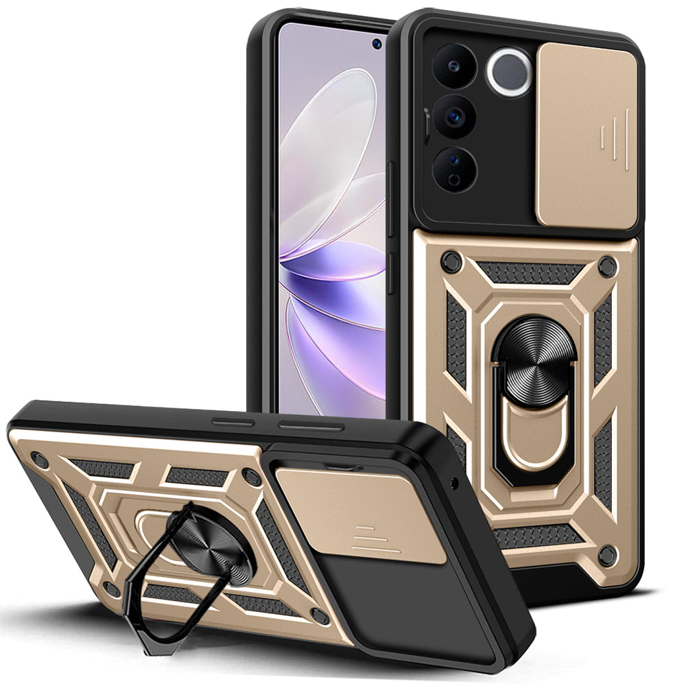 For vivo V27e 4G PC+TPU Phone Case Slide Lens Protection Shockproof Kickstand Phone Cover