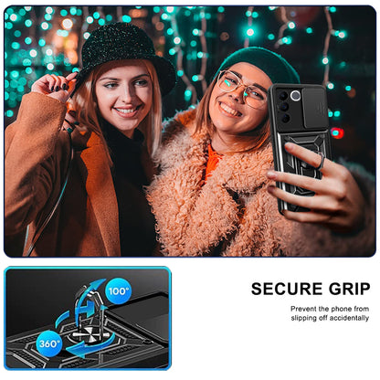 For vivo V27e 4G PC+TPU Phone Case Slide Lens Protection Shockproof Kickstand Phone Cover