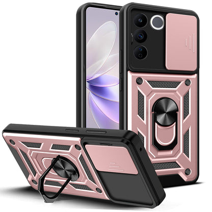 For vivo V27e 4G PC+TPU Phone Case Slide Lens Protection Shockproof Kickstand Phone Cover