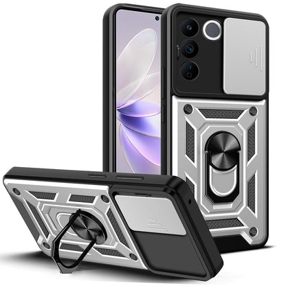 For vivo V27e 4G PC+TPU Phone Case Slide Lens Protection Shockproof Kickstand Phone Cover