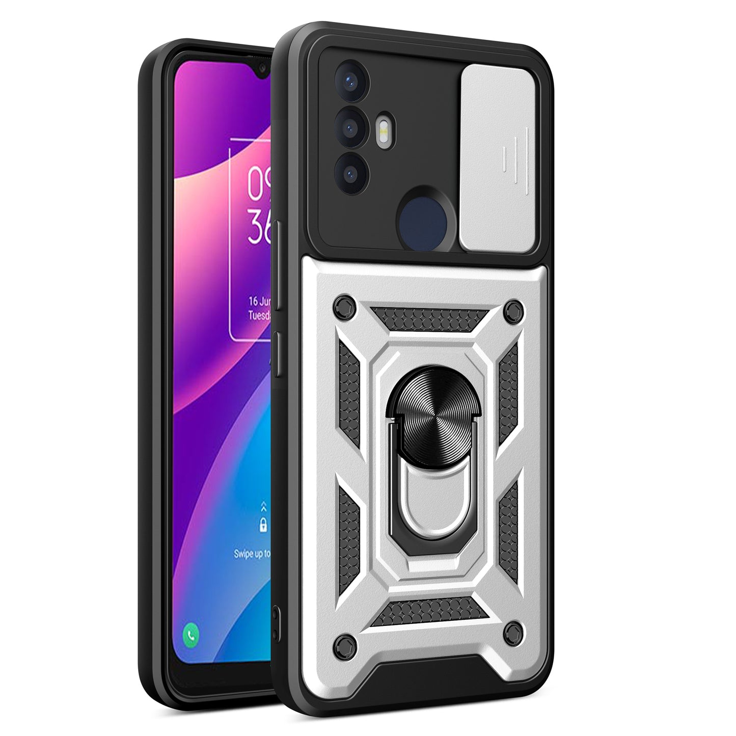 For TCL 30 SE Phone Shell Kickstand PC+TPU Phone Case Slide Lens Protection Cover