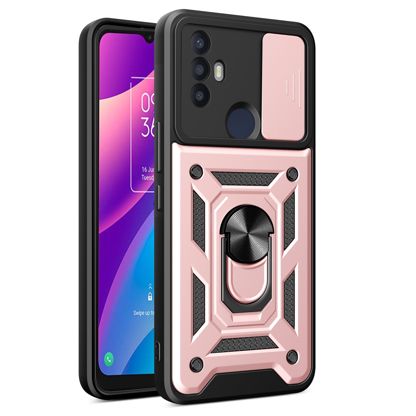 For TCL 30 SE Phone Shell Kickstand PC+TPU Phone Case Slide Lens Protection Cover