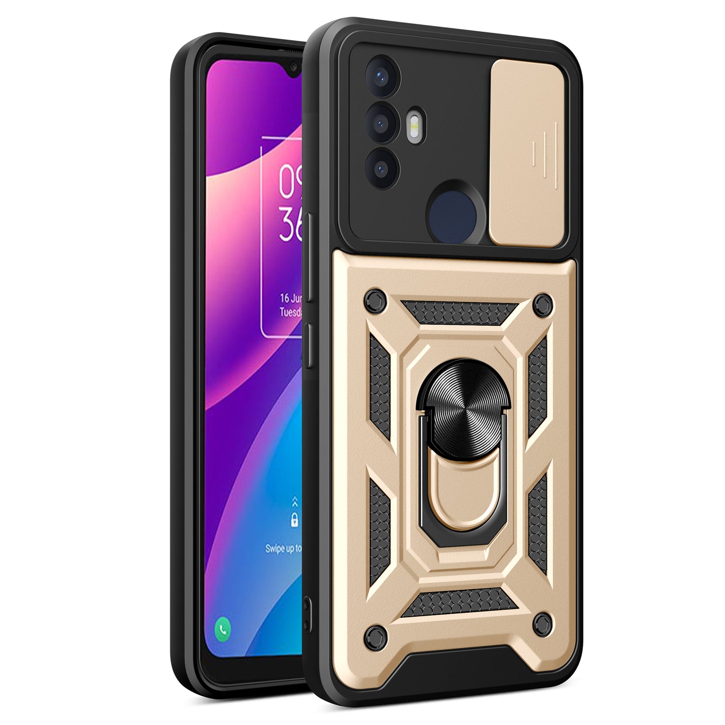 For TCL 30 SE Phone Shell Kickstand PC+TPU Phone Case Slide Lens Protection Cover