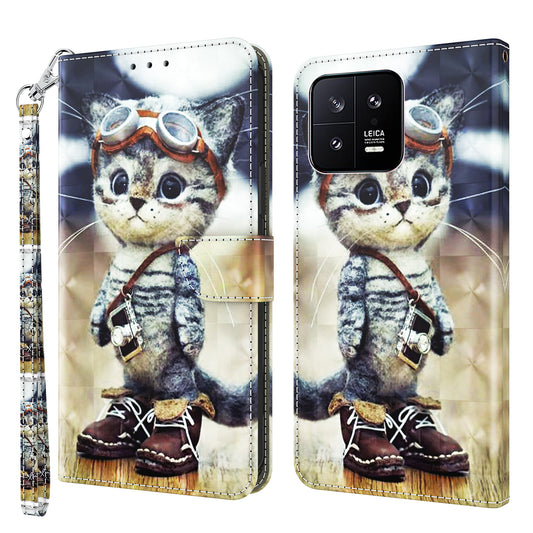 For Xiaomi 13 5G PU Leather Wallet Phone Case 3D Pattern Printing Phone Cover with Strap