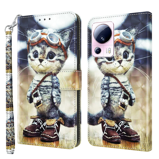 PU Leather Flip Cover for Xiaomi 13 Lite / Civi 2 Wallet Phone Case 3D Pattern Printing Phone Shell with Strap