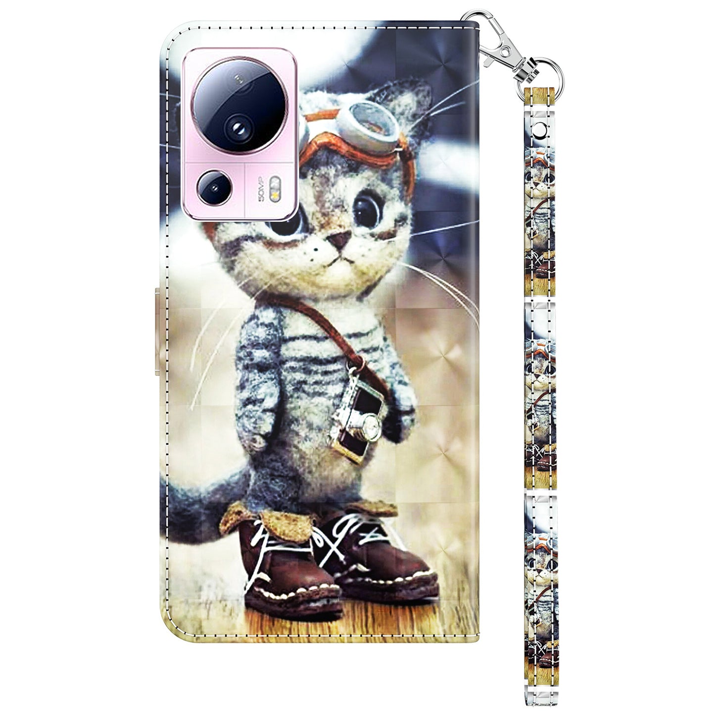 PU Leather Flip Cover for Xiaomi 13 Lite / Civi 2 Wallet Phone Case 3D Pattern Printing Phone Shell with Strap