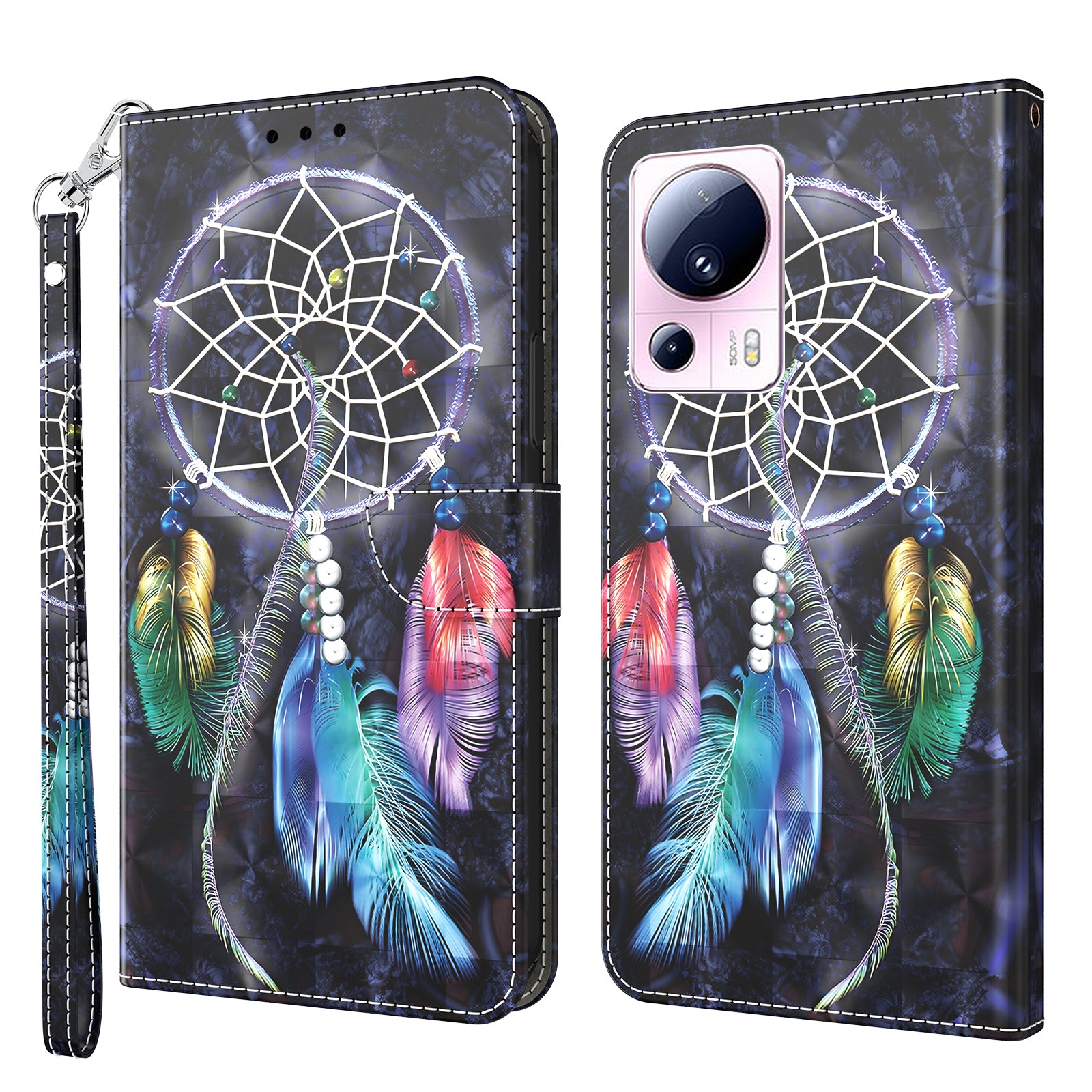 PU Leather Flip Cover for Xiaomi 13 Lite / Civi 2 Wallet Phone Case 3D Pattern Printing Phone Shell with Strap