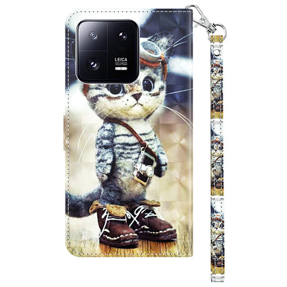 3D Pattern Printing Phone Case for Xiaomi 13 Pro 5G PU Leather Wallet Cover Anti-Drop Phone Shell with Strap