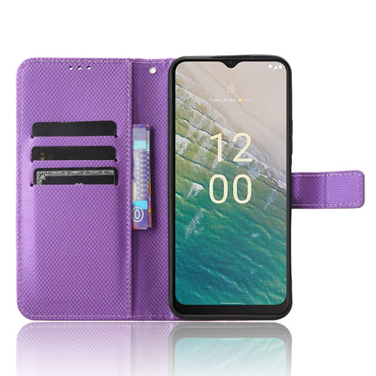 For Nokia C32 Protective Phone Case Leather Folio Flip Cover Stand Diamond Texture Wallet Phone Case