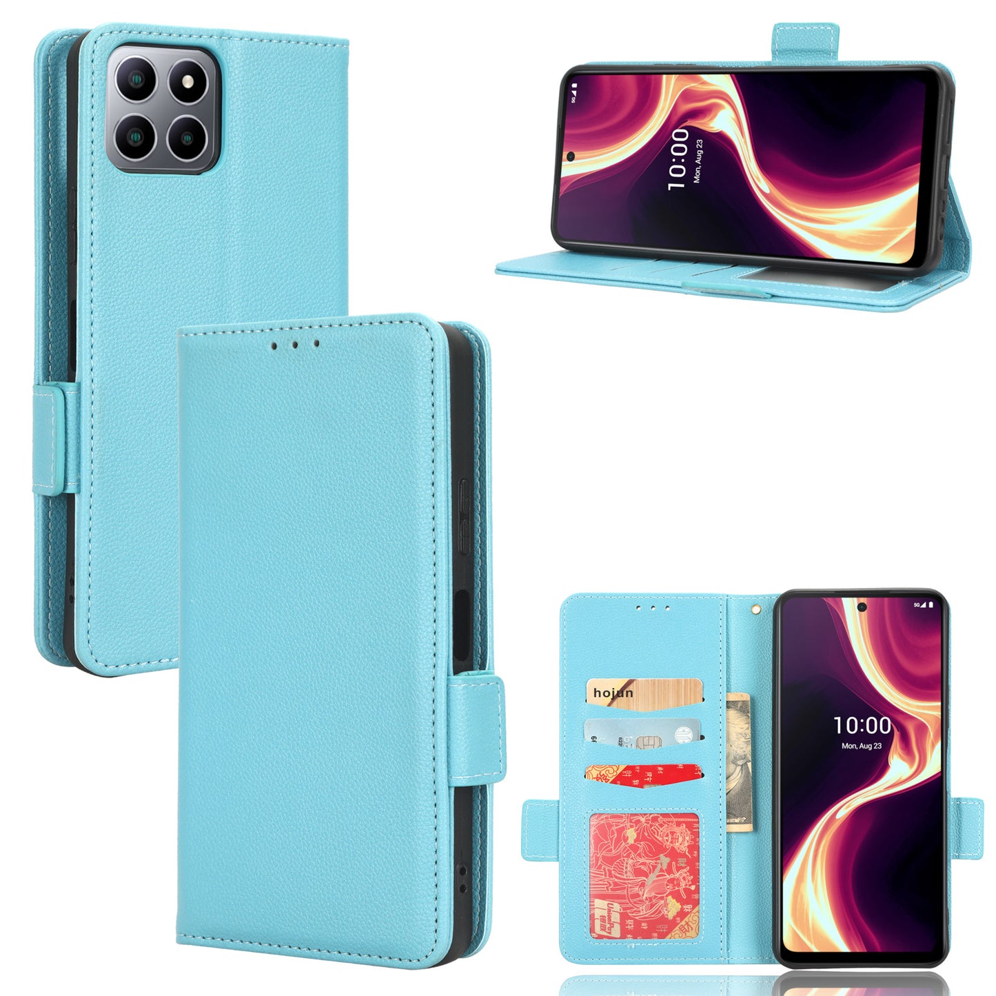 For Boost Mobile Celero 5G+ PU Leather Wallet Litchi Texture Protective Case Stand Phone Cover with Strap