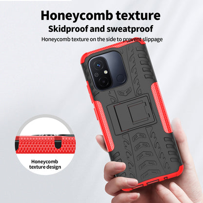 For Xiaomi Redmi 12C 4G / Poco C55 4G Tyre Pattern Kickstand Phone Case PC+TPU Shockproof Phone Cover