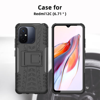 For Xiaomi Redmi 12C 4G / Poco C55 4G Tyre Pattern Kickstand Phone Case PC+TPU Shockproof Phone Cover