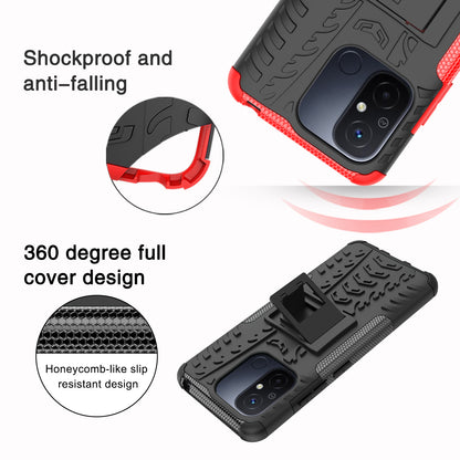 For Xiaomi Redmi 12C 4G / Poco C55 4G Tyre Pattern Kickstand Phone Case PC+TPU Shockproof Phone Cover