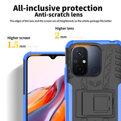 For Xiaomi Redmi 12C 4G / Poco C55 4G Tyre Pattern Kickstand Phone Case PC+TPU Shockproof Phone Cover