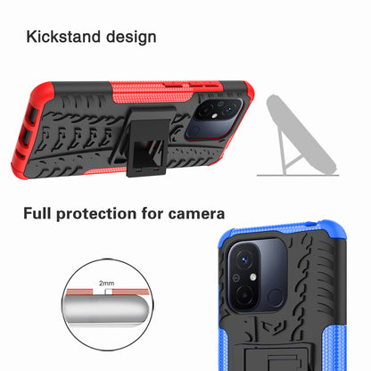 For Xiaomi Redmi 12C 4G / Poco C55 4G Tyre Pattern Kickstand Phone Case PC+TPU Shockproof Phone Cover