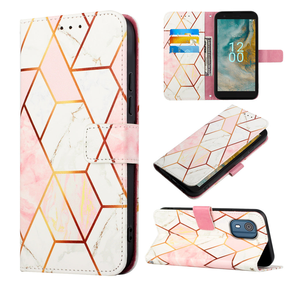 YB Pattern Printing Leather Series-5 for Nokia C02 (TA-1522) Flip Wallet Case Marble Pattern Stand Phone Cover