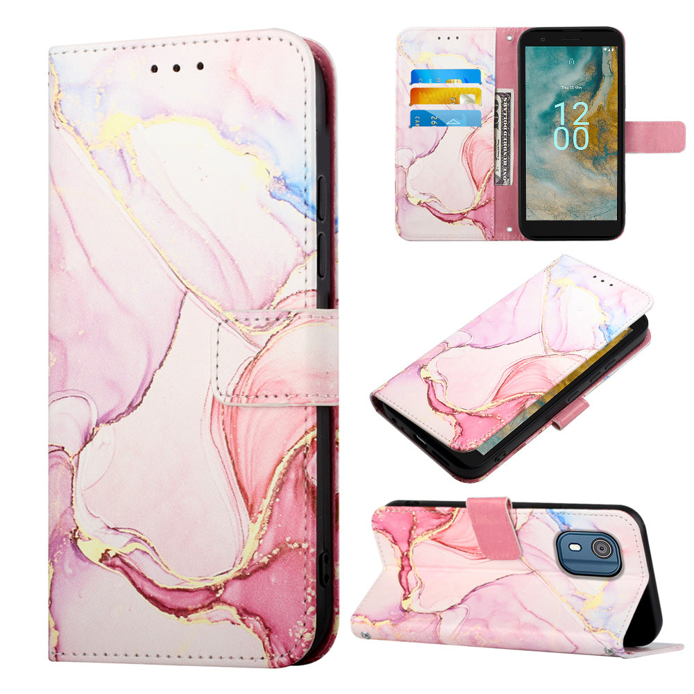 YB Pattern Printing Leather Series-5 for Nokia C02 (TA-1522) Flip Wallet Case Marble Pattern Stand Phone Cover
