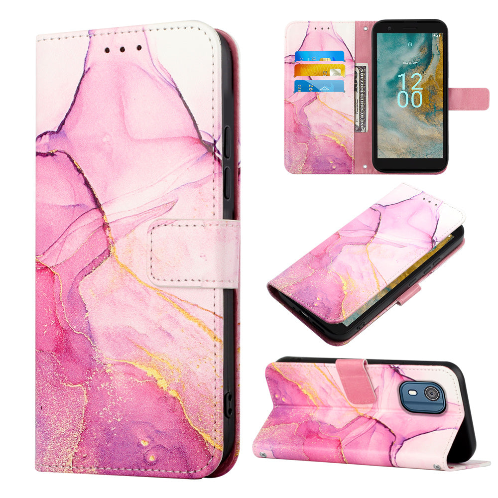 YB Pattern Printing Leather Series-5 for Nokia C02 (TA-1522) Flip Wallet Case Marble Pattern Stand Phone Cover