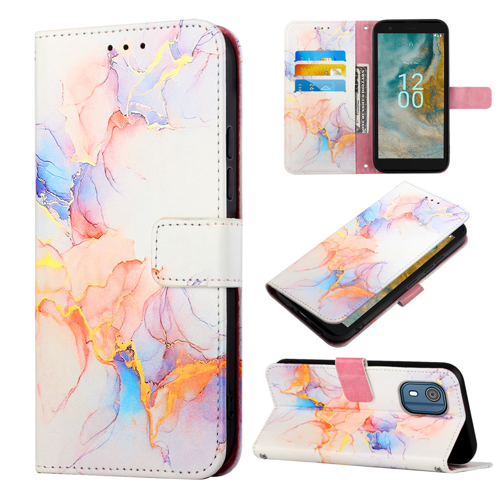 YB Pattern Printing Leather Series-5 for Nokia C02 (TA-1522) Flip Wallet Case Marble Pattern Stand Phone Cover