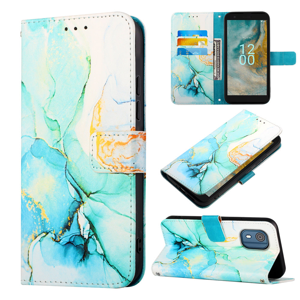 YB Pattern Printing Leather Series-5 for Nokia C02 (TA-1522) Flip Wallet Case Marble Pattern Stand Phone Cover