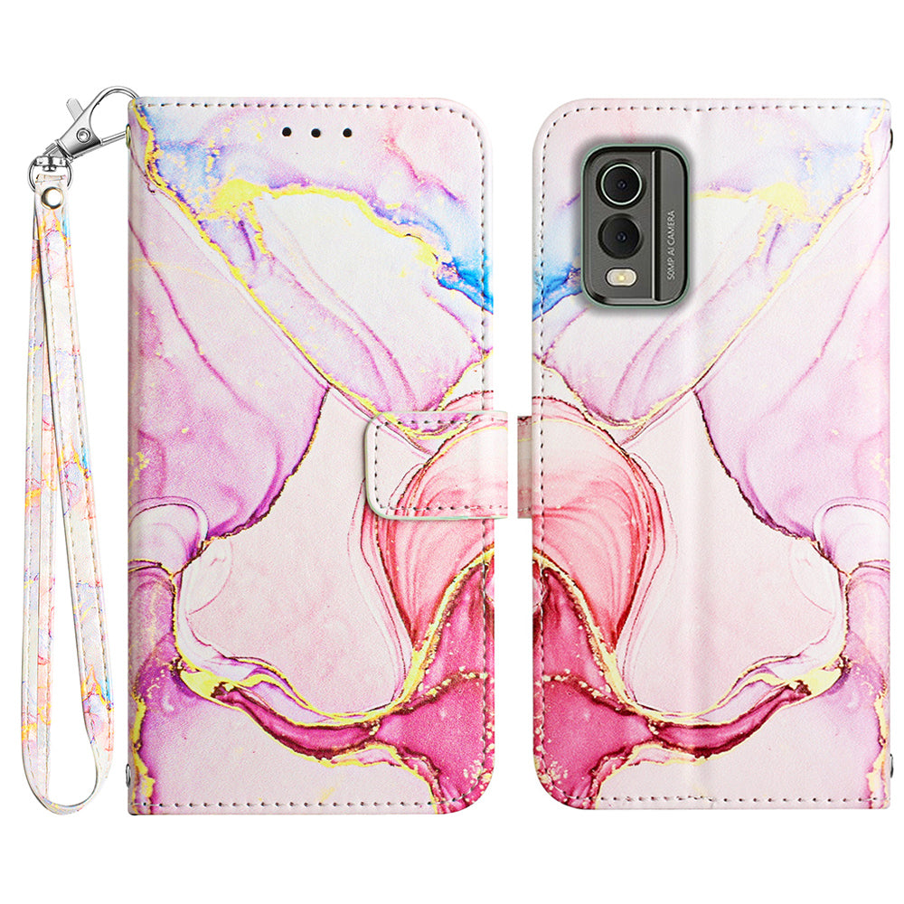 YB Pattern Printing Leather Series-5 for Nokia C32 (TA-1534) Marble Pattern Phone Case Wallet Stand Cover with Strap