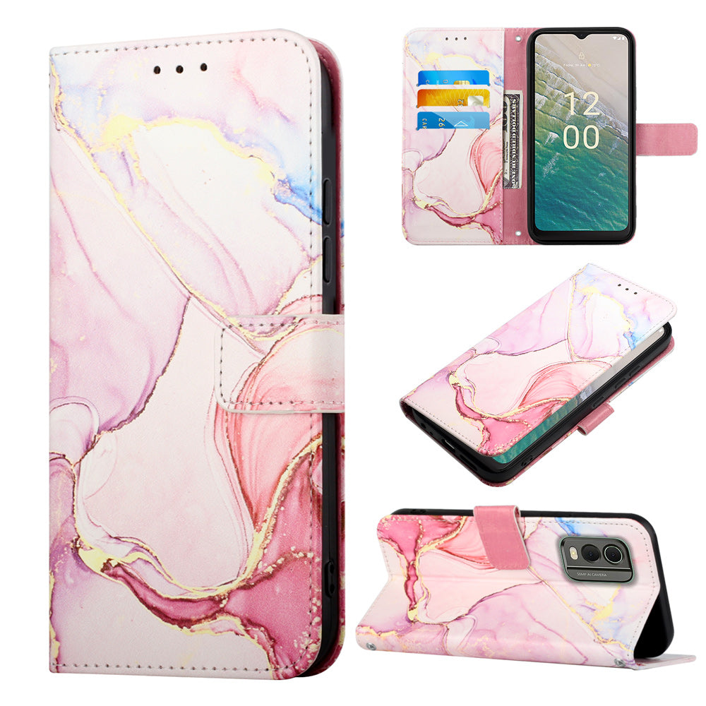 YB Pattern Printing Leather Series-5 for Nokia C32 (TA-1534) Marble Pattern Phone Case Wallet Stand Cover with Strap