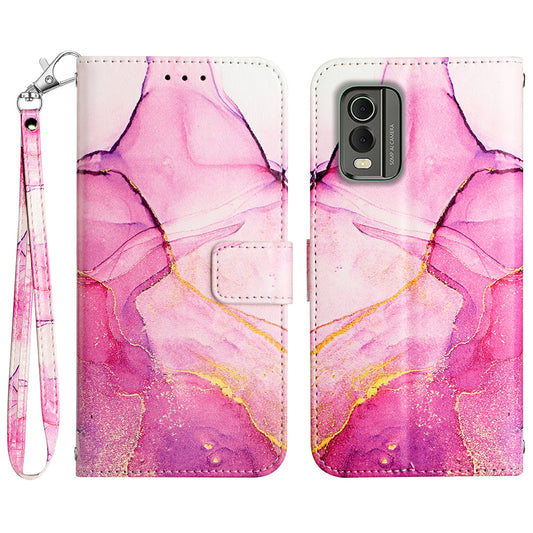 YB Pattern Printing Leather Series-5 for Nokia C32 (TA-1534) Marble Pattern Phone Case Wallet Stand Cover with Strap