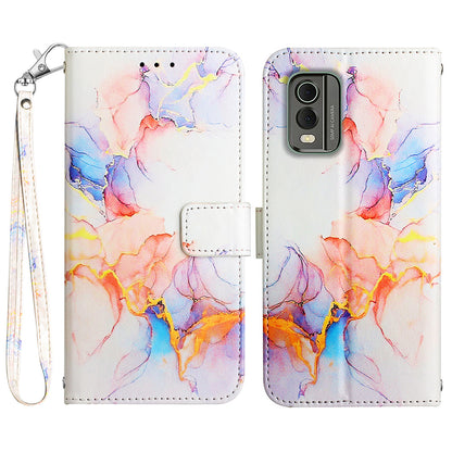 YB Pattern Printing Leather Series-5 for Nokia C32 (TA-1534) Marble Pattern Phone Case Wallet Stand Cover with Strap