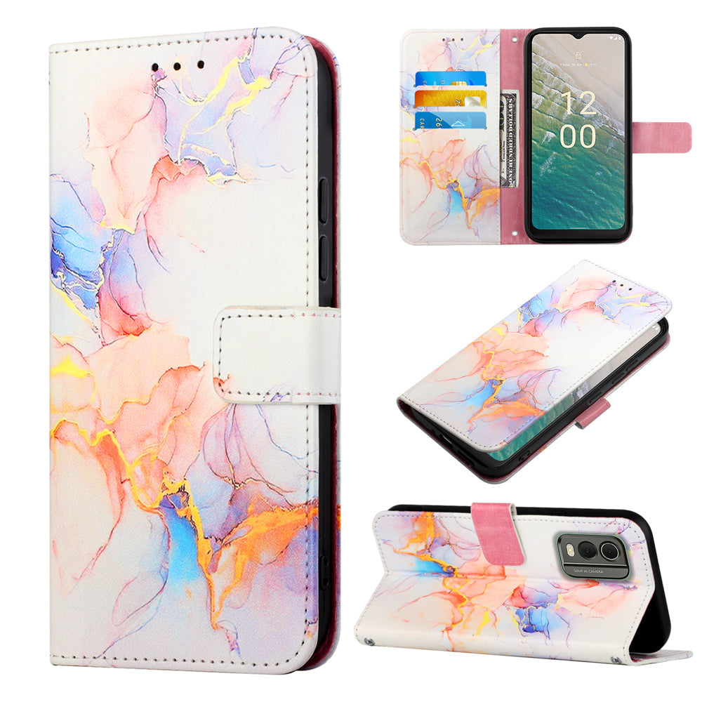 YB Pattern Printing Leather Series-5 for Nokia C32 (TA-1534) Marble Pattern Phone Case Wallet Stand Cover with Strap