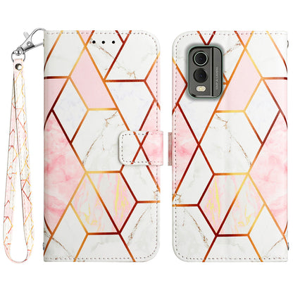 YB Pattern Printing Leather Series-5 for Nokia C32 (TA-1534) Marble Pattern Phone Case Wallet Stand Cover with Strap
