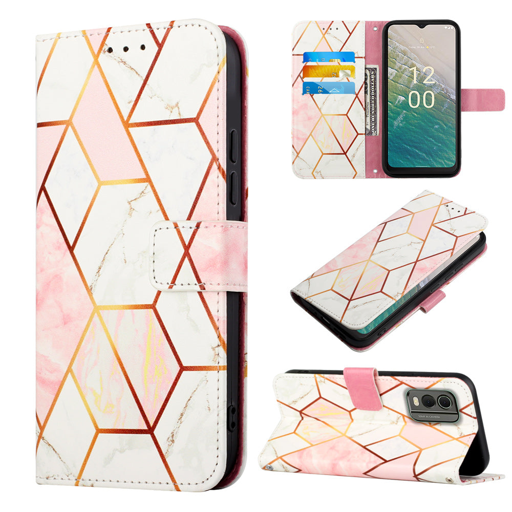 YB Pattern Printing Leather Series-5 for Nokia C32 (TA-1534) Marble Pattern Phone Case Wallet Stand Cover with Strap