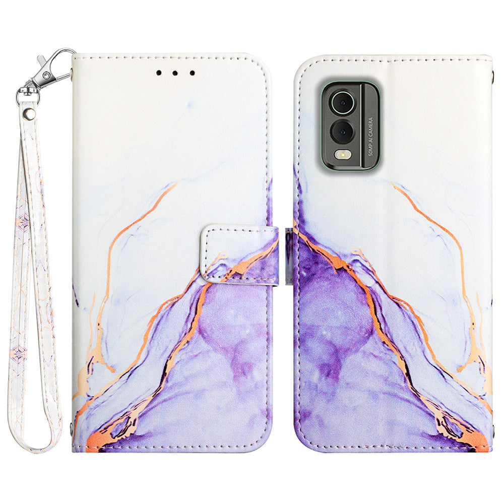 YB Pattern Printing Leather Series-5 for Nokia C32 (TA-1534) Marble Pattern Phone Case Wallet Stand Cover with Strap