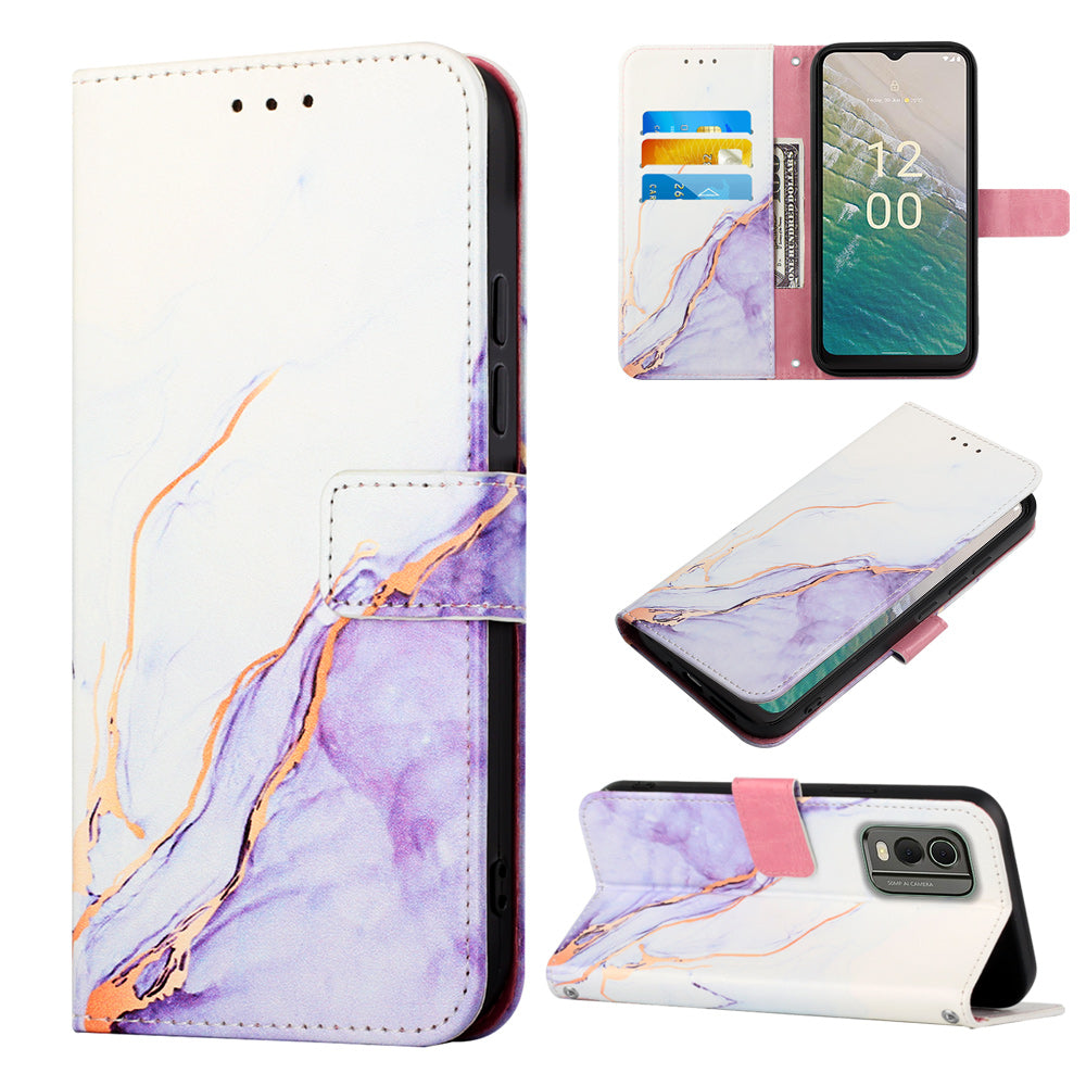 YB Pattern Printing Leather Series-5 for Nokia C32 (TA-1534) Marble Pattern Phone Case Wallet Stand Cover with Strap